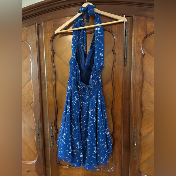 Hell Bunny Blue Halter for and flare  Dress with a pin up girl flair size small - Picture 7 of 10